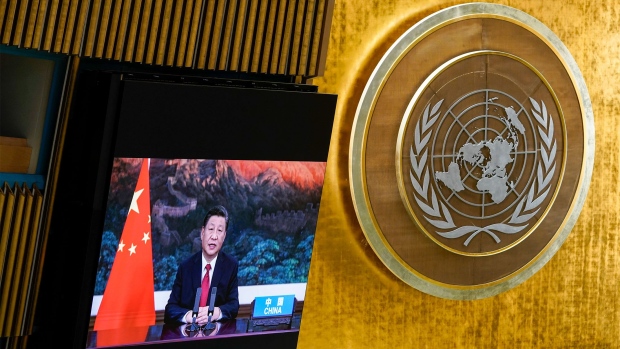 Chinese President Xi Jinping speaks via video link at the United Nations General Assembly in New York on Sept. 21, 2021. Photographer: Mary Altaffer/Pool/Getty Images