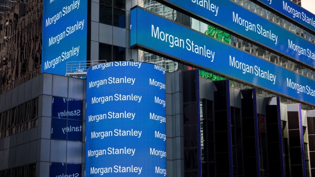 Monitors display signage outside of Morgan Stanley global headquarters in New York. Photographer: Michael Nagle/Bloomberg