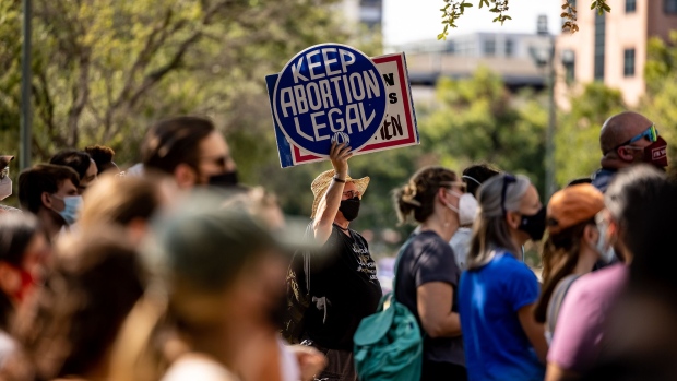 AUSTIN, TX - SEPTEMBER 11: Abortion rights activists rally at the Texas State Capitol on September 11, 2021 in Austin, Texas. Texas Lawmakers recently passed several pieces of conservative legislation, including SB8, which prohibits abortions in Texas after a fetal heartbeat is detected on an ultrasound, usually between the fifth and sixth weeks of pregnancy. (Photo by Jordan Vonderhaar/Getty Images) Photographer: Jordan Vonderhaar/Getty Images North America