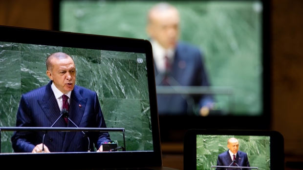 Recep Tayyip Erdogan, Turkey's president, speaks during the United Nations General Assembly via live stream in New York, U.S., on Tuesday, Sept. 21, 2021. A scaled-back United Nations General Assembly returns to Manhattan after going completely virtual last year, but fears about a possible spike in Covid-19 cases are making people in the host city less enthusiastic about the annual diplomatic gathering.