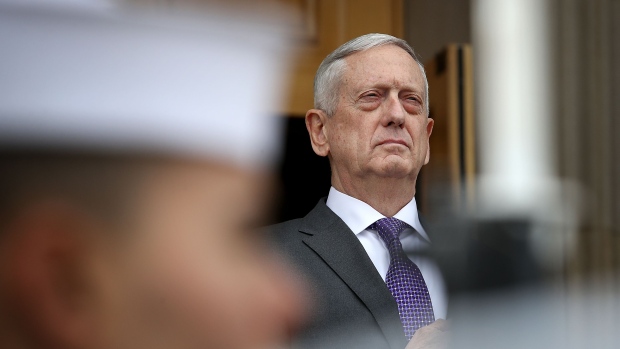 ARLINGTON, VA - FEBRUARY 01: U.S. Secretary of Defense James Mattis listens to the national anthem of the United States during an arrival ceremony with Gavin Williamson, Secretary of State for Defense, United Kingdom at the Pentagon February 1, 2018 in Arlington, Virginia. Mattis and Williamson were scheduled to meet later during their visit to discuss a range of bilateral issues. (Photo by Win McNamee/Getty Images)