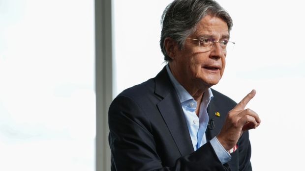 Guillermo Lasso, Ecuador's president, speaks during a Bloomberg Television interview in New York, U.S., on Wednesday, Sept. 22, 2021. Lasso will submit a major, fast-track economic reform bill on Friday after his return to Ecuador, he said during a luncheon in New York City.