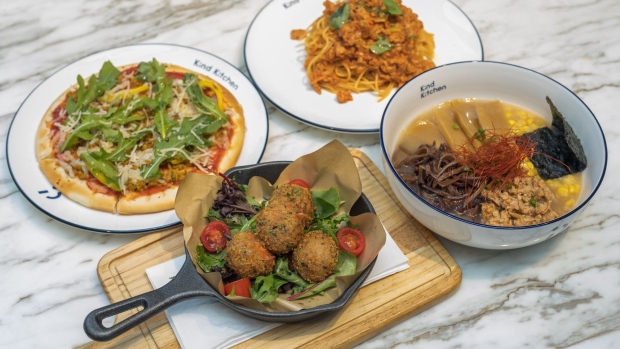 Dishes made with plant-based omnipork are arranged for a photograph at the Kind Kitchen restaurant, operated by Green Monday, in Hong Kong, China, on Thursday, June 20, 2019. After its success distributing Beyond Meat Inc.'s mock beef patties in Asia, start-up Green Monday has a new food
