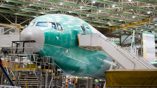 A Boeing Co. 777X airplane sits on the assembly floor at at the company's facility in Everett, Washington, U.S., on Wednesday, March 6, 2020. The Boeing 777X airplane is scheduled to make its first flight on January 23. Photographer: Chona Kasinger/Bloomberg