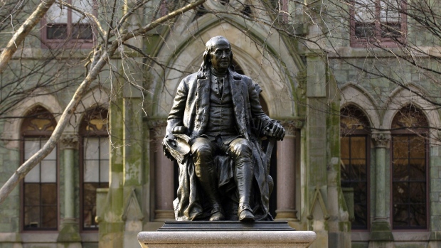 A statue of Benjamin Franklin, founder of the University of Pennsylvania, on the school's campus in Philadelphia.