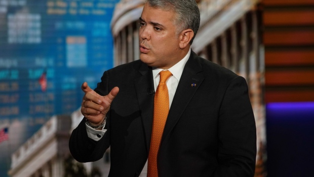 Ivan Duque, Colombia's president, speaks during a Bloomberg Television interview in New York, U.S., on Thursday, Sept. 23, 2021. Duque said Colombia is "open for business" and wants to be the first destination for foreign direct investment from the United States.