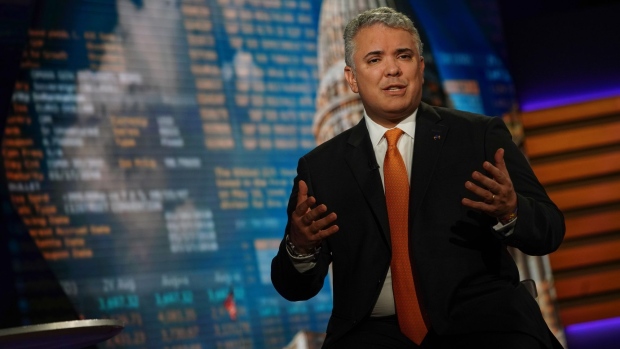 Ivan Duque, Colombia's president, speaks during a Bloomberg Television interview in New York, U.S., on Thursday, Sept. 23, 2021. Duque said Colombia is "open for business" and wants to be the first destination for foreign direct investment from the United States.