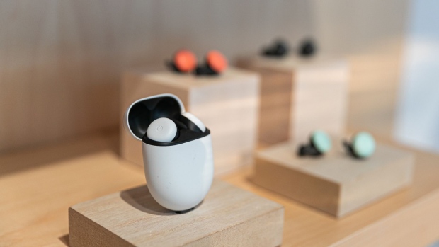 Pixel Buds are displayed during the Made by Google event in New York, U.S., on Tuesday, Oct. 15, 2019. Google is going back to basics for its latest laptop: a standard clam-shell design that moves away from the previous foldable, tablet-style Pixelbook. Photographer: Jeenah Moon/Bloomberg