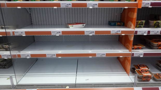 NORTHWICH, ENGLAND - SEPTEMBER 22: Shelves in a supermarket look sparse as supply chain issues continue on September 22, 2021 in Northwich, England. Gaps in supermarket shelves have appeared more frequently as a shortage of lorry drivers and other workers has disrupted supply chains. (Photo by Christopher Furlong/Getty Images)