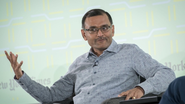 Dipchand Nishar, senior managing partner of SoftBank Group Corp., speaks during the New Work Summit in Half Moon Bay, California, U.S., on Tuesday, Feb. 26, 2019. The event gathers powerful leaders to assess the opportunities and risks that are now emerging as artificial intelligence accelerates its transformation across industries.
