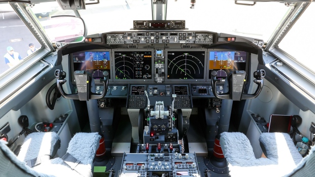 Instruments and controls sit in the cockpit of a Boeing Co. 737 Max 7 jetliner during preparations ahead of the Farnborough International Airshow (FIA) 2018 in Farnborough, U.K., on Sunday, July 15, 2018.