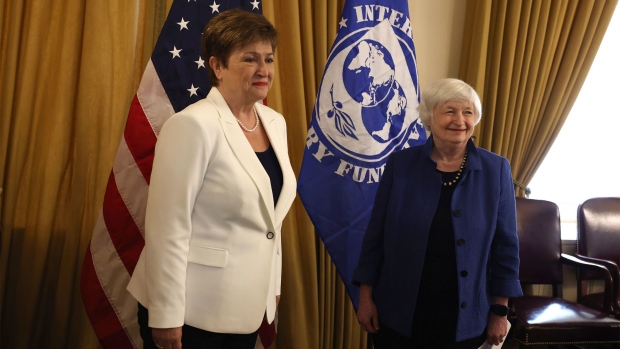 WASHINGTON, DC - JULY 01: Treasury Secretary Janet Yellen (R) and managing director of the International Monetary Fund (IMF) Kristalina Georgieva (L) pose for a photo before a meeting room at the U.S. Department of the Treasury on July 01, 2021 in Washington, DC. Yellen and Georgieva are meeting to discuss steps the world is taking towards economic recovery. (Photo by Anna Moneymaker/Getty Images)