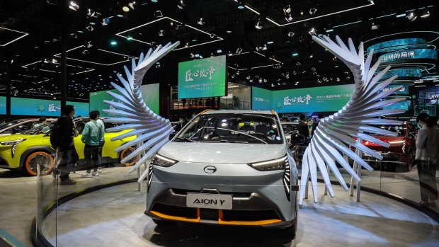 The Guangzhou Automobile Group Co. Aion Y compact electric multi-purpose vehicle (MPV) at the Auto Shanghai 2021 show in Shanghai, China, on Monday, April 19, 2021. The Shanghai International Automobile Industry Exhibition kicked off on Monday in China’s financial hub, a multiday event aimed at showcasing the best and brightest car innovations in the world’s biggest vehicle market.