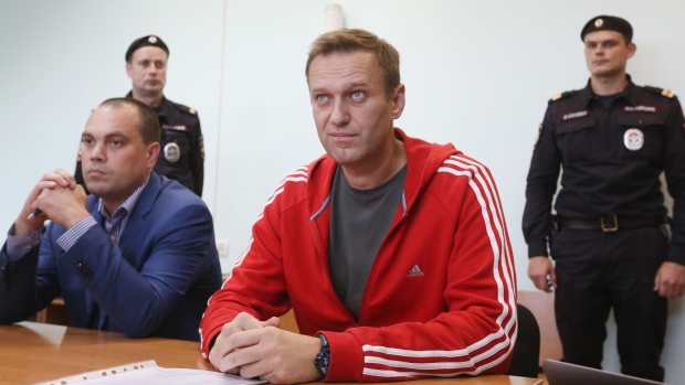 Alexey Navalny, second right, during a hearing at the Simonovsky District Court in Moscow, on Aug. 22, 2019.