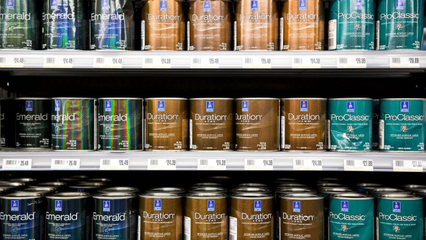 One-gallon cans of Sherwin-Williams Co. Emerald, Duration and ProClassic brand paint sit on display for sale inside a store in Princeton, Illinois, U.S., on Wednesday, Jan. 25, 2017. Sherwin-Williams Co. is scheduled to release earning figures on January 26. Photographer: Daniel Acker/Bloomberg
