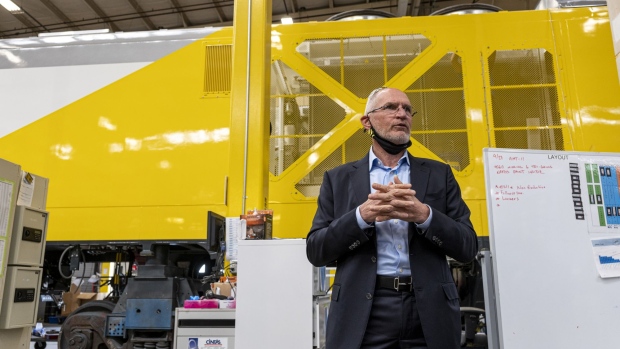 A Brightline express inter-city train during a media tour of the Siemens Mobility facilities in Sacramento, California, U.S., on Tuesday, Sept. 28, 2021. Brightline Holdings, the Fortress Investment Group company, will finalize the financing plans for its $8 billion project laying train tracks to Las Vegas from southern California within the next six months, Chief Executive Officer Michael Reininger said during a press briefing Tuesday. Photographer: David Paul Morris/Bloomberg