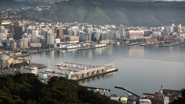 Wellington harbour and the city's skyline are seen from an observation deck at Mount Victoria Lookout in Wellington, New Zealand, on Wednesday, July 29, 2020. New Zealand’s border is closed to all foreigners, while citizens and permanent residents entering the country must undertake a 14-day mandatory quarantine. Photographer: Birgit Krippner/Bloomberg