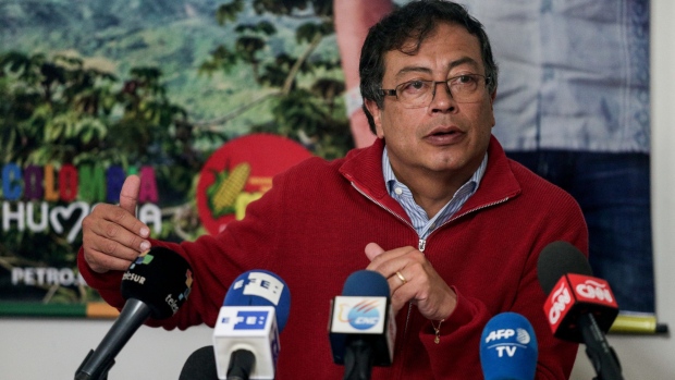 Gustavo Petro, presidential candidate for the Progressivists Movement Party, speaks during a press conference in Bogota, Colombia, on Tuesday, May 1, 2018. Polls show Petro, a former guerrilla, gaining ground in Colombia's presidential race, now holding 31 percent of voting intentions.