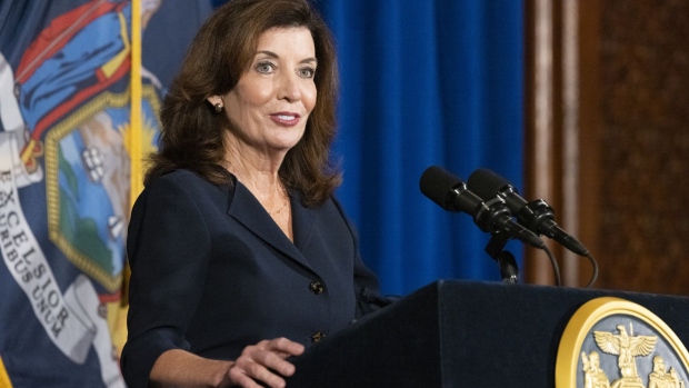 Kathy Hochul, lieutenant governor of New York, speaks during a news conference in Albany, New York, U.S., on Wednesday, Aug. 11, 2021. Hochul, the 62-year-old lieutenant governor, will take the top job after Cuomo announced his resignation Tuesday, saying harassment allegations against him prevent him from governing. Photographer: Angus Mordant/Bloomberg