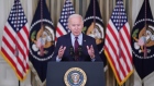 U.S. President Joe Biden speaks in the State Dining Room of the White House in Washington, D.C., U.S., on Monday, Oct. 4, 2021. The U.S. is moving closer to its first-ever default, with neither political party in Washington yet signaling it's ready to back down from a partisan showdown on the federal debt limit.