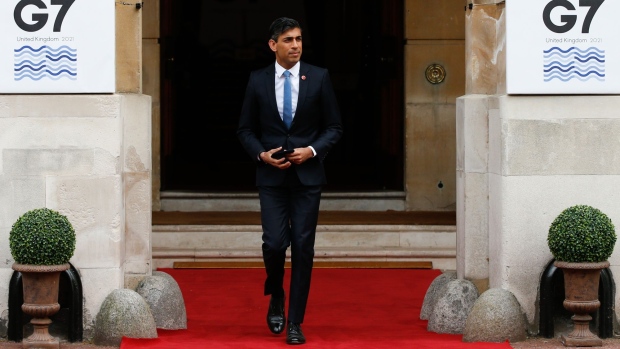 Rishi Sunak, U.K. Chancellor of the Exchequer, prepares to greet attendees on the first day of the Group of Seven Finance Ministers summit in London, U.K., on Friday, June 4, 2021. U.K. Chancellor Rishi Sunak will host G-7 finance ministers and central bank chiefs, ahead of the main summit next week.
