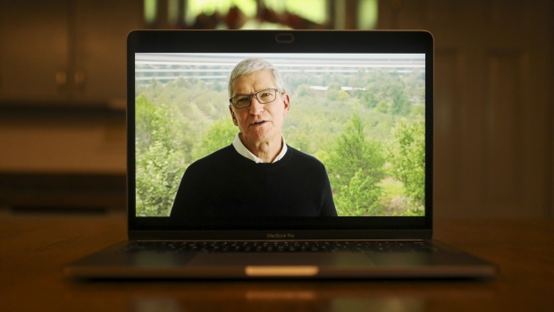 Tim Cook speaks during a virtual product launch in 2020. Photographer: Daniel Acker/Bloomberg