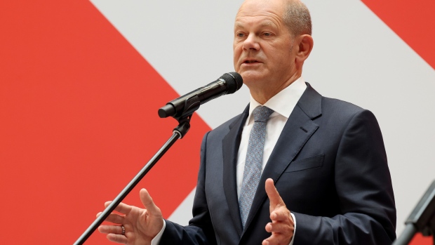 Olaf Scholz, chancellor candidate for the Social Democratic Party (SPD), delivers a statement to the media following the election, at the party headquarters in Berlin, Germany, on Monday, Sept. 27, 2021. Scholz defeated Chancellor Angela Merkel’s conservatives in an extremely tight German election, setting in motion what could be months of complex coalition talks to decide who will lead Europe’s biggest economy.
