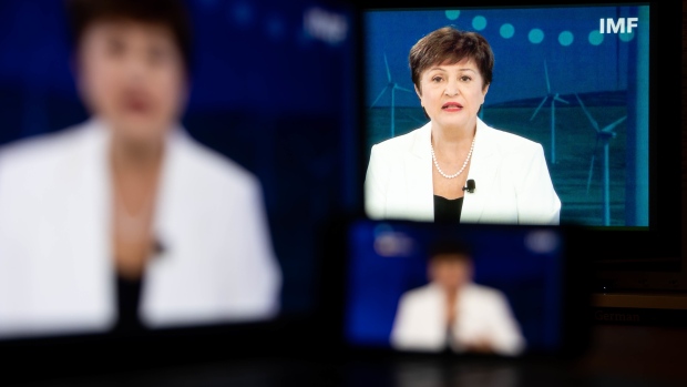 Kristalina Georgieva, managing director of the International Monetary Fund (IMF), speaks during a virtual opening press conference for the annual meetings of the IMF and World Bank Group in New York, U.S., Wednesday, Oct. 13, 2021. The U.S. told IMF board members that it wont seek the removal of Georgieva over allegations that she pushed staff to manipulate data for a World Bank report to help China, likely clearing the way for her to keep her job.