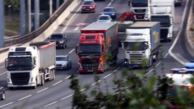 Trucks on the Dartford crossing bridge near Dartford, U.K.
