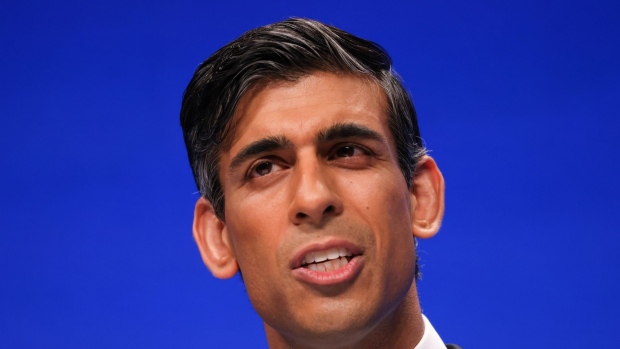 Rishi Sunak, U.K. chancellor of the exchequer, delivers his speech on day two of the annual Conservative Party conference in Manchester, U.K., on Monday, Oct. 4, 2021. The U.K.'s governing Conservatives are meeting for their annual conference as the country grapples with a series of crises that threatens to undermine its economic recovery from the pandemic.