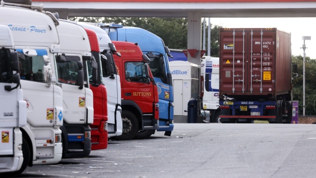 A row of trucks at a service station near Thurrock, U.K.