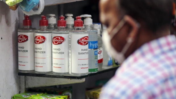 Bottles of Hindustan Unilever Ltd. Lifebuoy hand sanitizers at a store in Mumbai, India, on Saturday, Feb 6, 2021. India's central bank kept interest rates on hold Friday and began withdrawing some pandemic-era policies, while reiterating its intent to keep its stance accommodative to support economic growth.