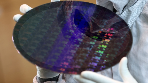 A 300 millimetre silicon wafer at the Globalfoundries Inc. semiconductor plant in Dresden, Germany, on Thursday, Aug. 12, 2021. Globalfoundries hosted German election front-runner Armin Laschet today as he comes under pressure to regain the initiative after a rocky several weeks hit the conservative bloc’s support.
