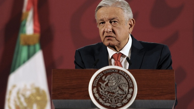 MEXICO CITY, MEXICO - MARCH 25: Andres Manuel Lopez Obrador President of Mexico, speaks during his daily informative session presenting "The Program Support for Food Sovereignty" at the National Palace on March 25, 2020 in Mexico City, Mexico. (Photo by Pedro Gonzalez Castillo/Getty Images)