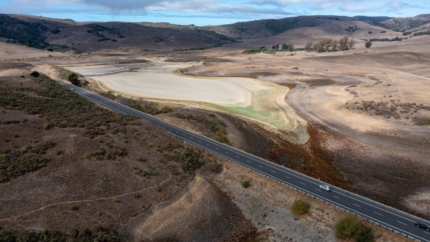 Nicasio Reservoir during a drought in Nicasio, California, U.S., on Wednesday, Oct. 13, 2021. Residents failed to significantly cut back their water consumption in July, California state officials announced, foreshadowing some difficult decisions for Governor Newsom’s administration as an historic drought lingers into the fall. Photographer: David Paul Morris/Bloomberg