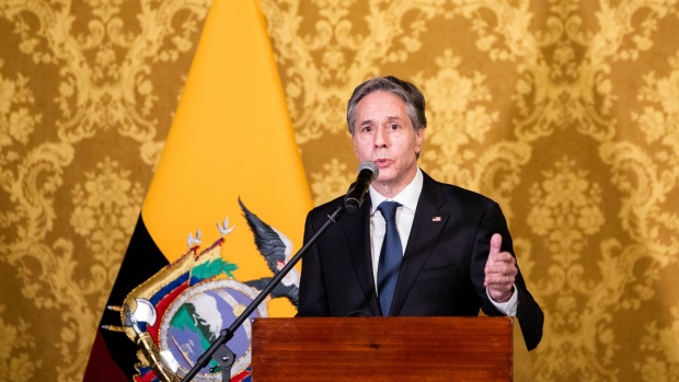 Antony Blinken, U.S. secretary of state, left, speaks during a news conference with Mauricio Montalvo, Ecuador's foreign minister, not pictured, at the presidential palace in Quito, Ecuador, on Tuesday, Oct. 19, 2021. Blinken and Ecuador President Guillermo Lasso began talks on bilateral cooperation including security and migration.