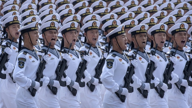 BEIJING, CHINA - OCTOBER 01: Chinese navy sailors march in formation during a parade to celebrate the 70th Anniversary of the founding of the People's Republic of China at Tiananmen Square in 1949, on October 1, 2019 in Beijing, China. (Photo by Kevin Frayer/Getty Images)