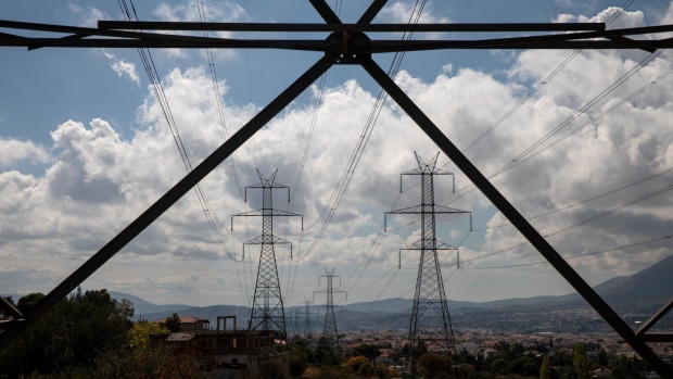 Electricity transmission pylons in Gerakas suburb, northeast of Athens, Greece, on Tuesday, Oct. 12, 2021. European Union leaders are poised to authorize next week emergency measures by member states to blunt the impact of the unprecedented energy crisis on the most vulnerable consumers and companies.