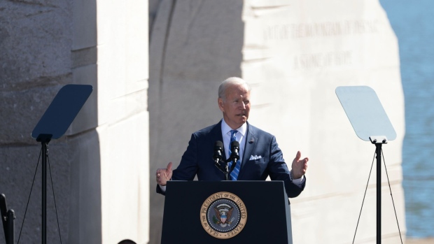 U.S. President Joe Biden speaks during 10th anniversary celebration of the dedication of the Martin Luther King Jr. Memorial in Washington, D.C., U.S., on Thursday, Oct. 21, 2021. The memorial, carved by sculptor Lei Yixin, was dedicated in 2011 to honor King's legacy and the struggle for freedom, equality, and justice. Photographer Oliver Contreras/Sipa/Bloomberg