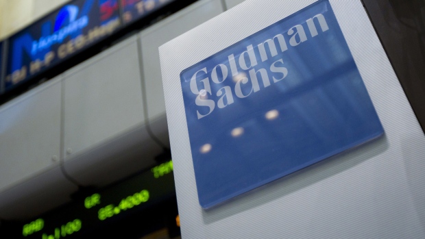 Goldman Sachs Group Inc. signage is displayed on the floor of the New York Stock Exchange.