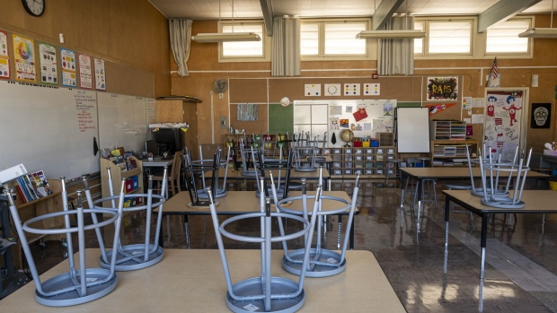 Stools stacked on desks inside an empty classroom at Collins Elementary School in Pinole, California, U.S., on Wednesday, Dec. 30, 2020. California Governor Gavin Newsom said he'll ask lawmakers for an immediate $2 billion to help schools open safely for in-person instruction by early spring, even as a surge in Covid-19 cases overwhelms health-care facilities in the most populous U.S. state. Photographer: David Paul Morris/Bloomberg