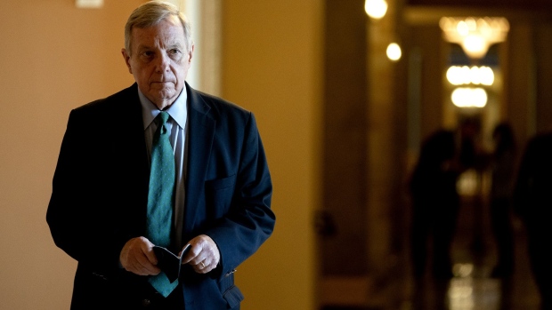 Senator Dick Durbin, a Democrat from Illinois, departs Senate Democrat policy luncheons at the U.S. Capitol in Washington, D.C., U.S., on Thursday, Oct. 7, 2021. The Senate is nearing a deal on a short-term increase in the debt ceiling that would pull the U.S. from the brink of a payment default but threatens to exacerbate year-end clashes over trillions in government spending.