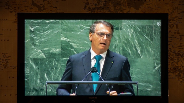 Jair Bolsonaro, Brazil's president, speaks during the United Nations General Assembly via live stream in New York, U.S., on Tuesday, Sept. 21, 2021. A scaled-back United Nations General Assembly returns to Manhattan after going completely virtual last year, but fears about a possible spike in Covid-19 cases are making people in the host city less enthusiastic about the annual diplomatic gathering. Photographer: Michael Nagle/Bloomberg