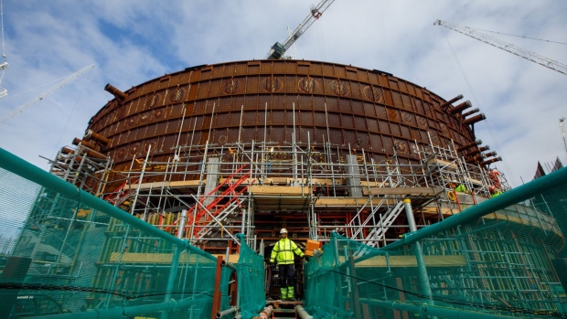 Contractors work on the Unit 1 nuclear reactor, on the Nuclear Island 1 at Hinkley Point C nuclear power station construction site, near Bridgwater U.K. on Sept. 23, 2021.