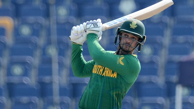 Quinton de Kock of South Africa playing a shot during the 2021 ICC T20 World Cup match between Australia and South Africa at Sheikh Zayed Stadium on October 23, 2021 in Abu Dhabi.