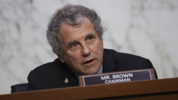 Senator Sherrod Brown, a Democrat from Ohio and chairman of the Senate Banking, Housing, and Urban Affairs Committee, speaks during a hearing in Washington, D.C., U.S., on Tuesday, Sept. 28, 2021. The Treasury secretary today warned that her department will effectively run out of cash around Oct. 18 unless legislative action is taken to suspend or increase the federal debt limit, putting pressure on lawmakers to avert a default on U.S. obligations. Photographer: Kevin Dietsch/Getty Images