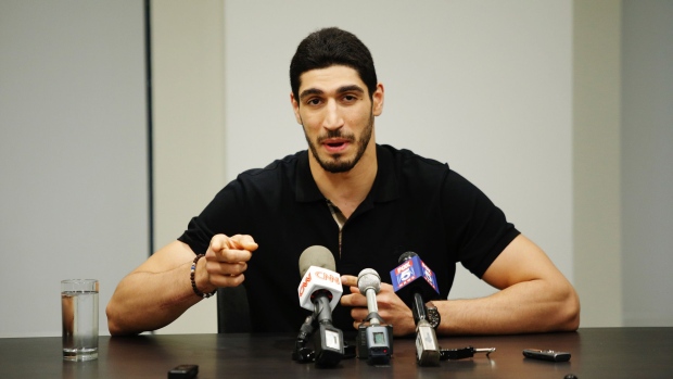 NEW YORK, NY - MAY 22: Turkish NBA Player Enes Kanter speaks to media during a news conference about his detention at a Romanian airport on May 22, 2017 in New York City. Kanter returned to the U.S. after being detained for several hours at a Romanian airport following statements he made criticizing Turkey's president Recep Tayyip Erdogan. (Photo by Eduardo Munoz Alvarez/Getty Images)