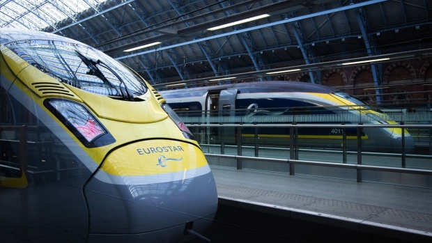 Eurostar International Ltd. trains at St Pancras International Station in London, U.K., on Monday, Jan. 25, 2021. France and the U.K. are negotiating an aid package for Eurostar after the coronavirus crisis wiped out 95% of the Channel Tunnel train operators passenger traffic. Photographer: Jason Alden/Bloomberg