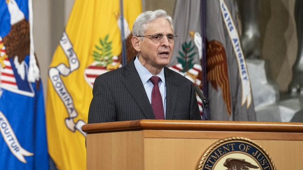 Merrick Garland speaks at the Department of Justice in Washington Photographer: Sarah Silbiger/Bloomberg