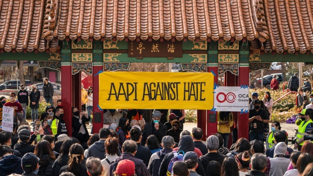 SEATTLE, WA - MARCH 13: Demonstrators gather in the Chinatown-International District for a "We Are Not Silent" rally and march against anti-Asian hate and bias on March 13, 2021 in Seattle, Washington. Following recent attacks on Asian Americans and Pacific Islanders in Seattle and across the U.S., rally organizers planned several days of actions in the Seattle area. Photographer: David Ryder/Getty Images